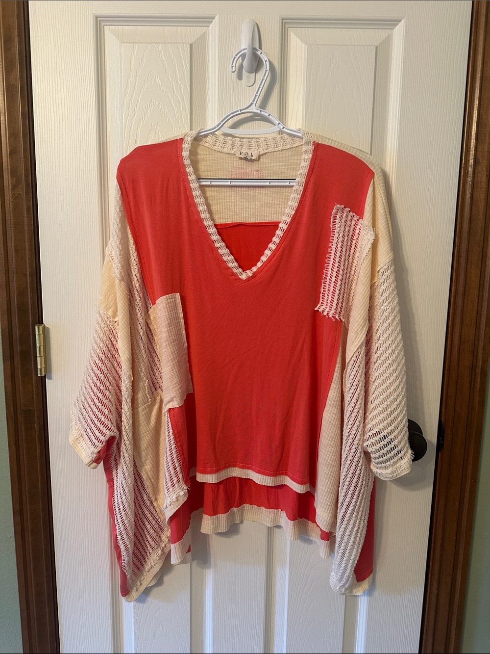 POL Red and Cream Patchwork V-Neck Tunic
